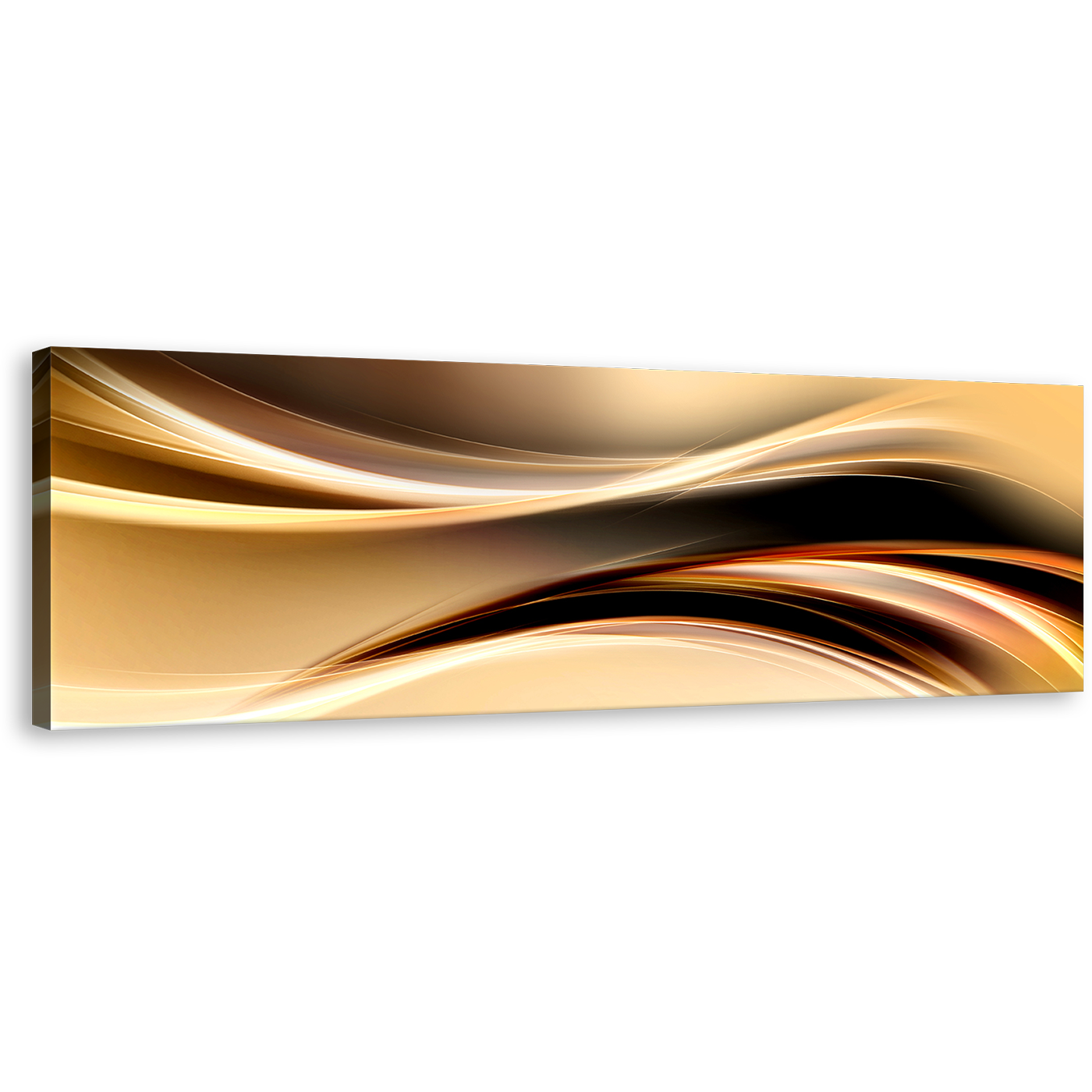 Abstract Waves Canvas Wall Art, Gold Yellow Abstract Curvy Waves Canvas Print, Black Abstract Digital Illustration Panoramic Canvas