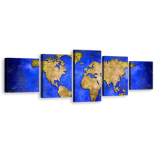 Load image into Gallery viewer, Abstract World Canvas Print, Blue Global Map of Continents Multiple Canvas, Yellow Detailed World Map 5 Piece Canvas Wall Art
