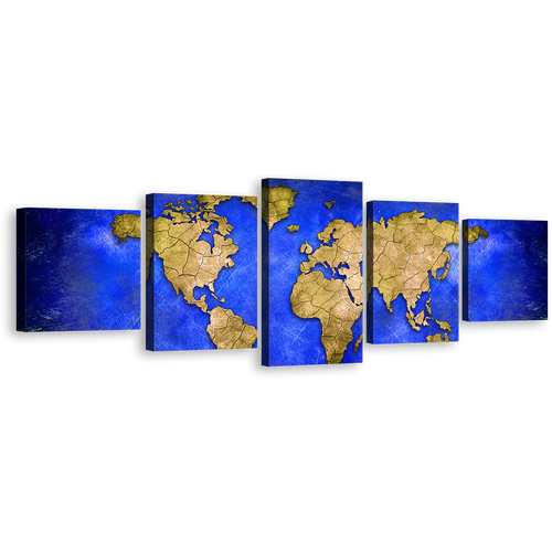 Abstract World Canvas Print, Blue Global Map of Continents Multiple Canvas, Yellow Detailed World Map 5 Piece Canvas Wall Art