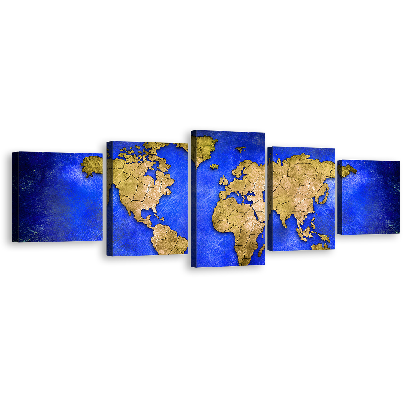 Abstract World Canvas Print, Blue Global Map of Continents Multiple Canvas, Yellow Detailed World Map 5 Piece Canvas Wall Art