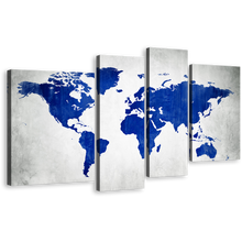 Load image into Gallery viewer, Abstract World Canvas Wall Art, Blue World Map 4 Piece Canvas Print, White Flat Earth Canvas Set
