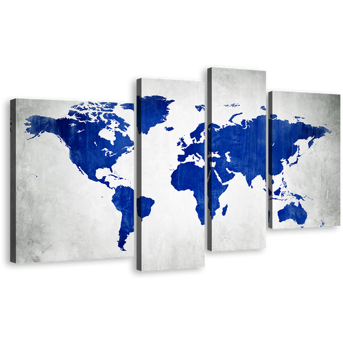 Abstract World Canvas Wall Art, Blue World Map 4 Piece Canvas Print, White Flat Earth Canvas Set