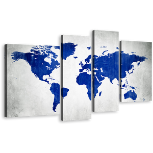 Abstract World Canvas Wall Art, Blue World Map 4 Piece Canvas Print, White Flat Earth Canvas Set