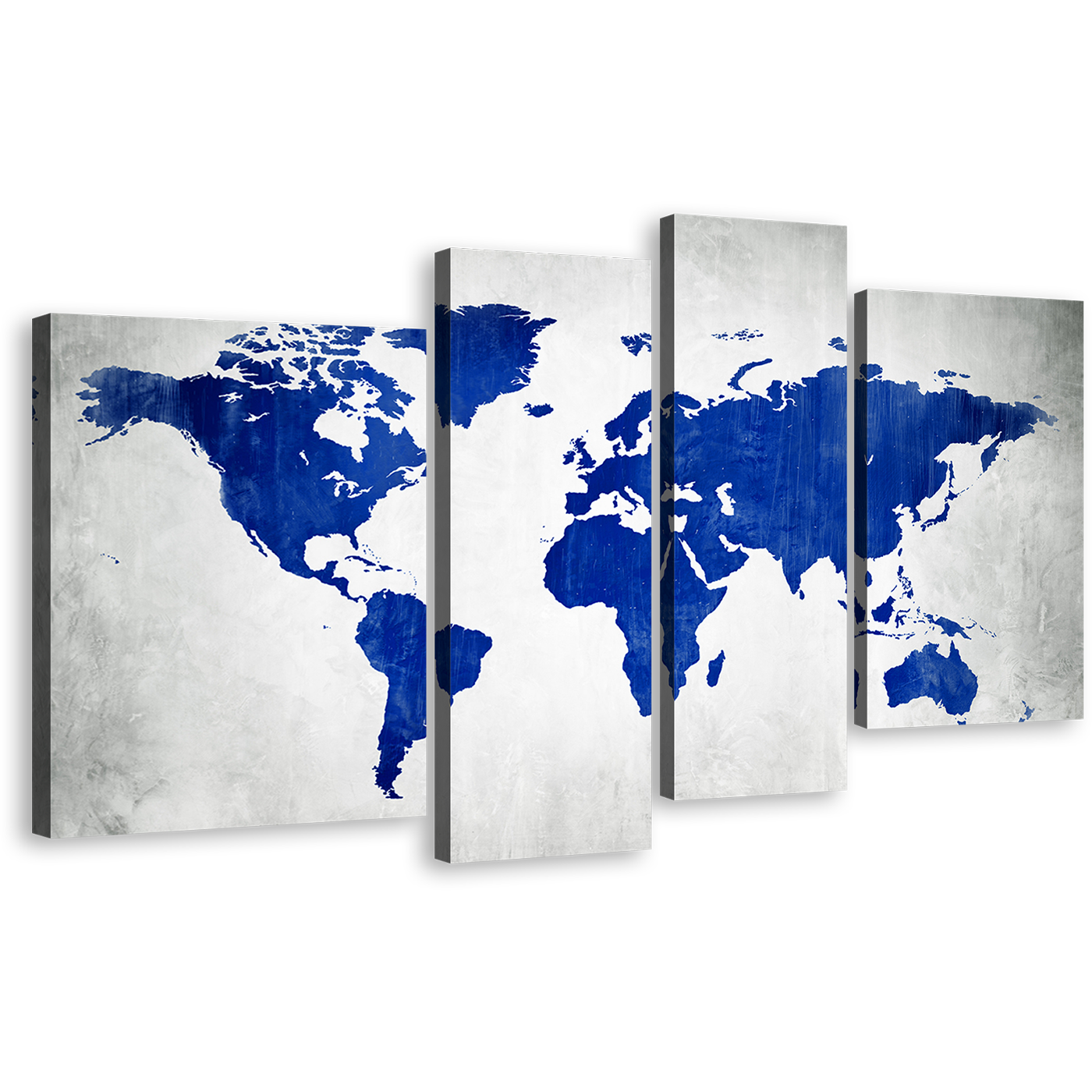 Abstract World Canvas Wall Art, Blue World Map 4 Piece Canvas Print, White Flat Earth Canvas Set