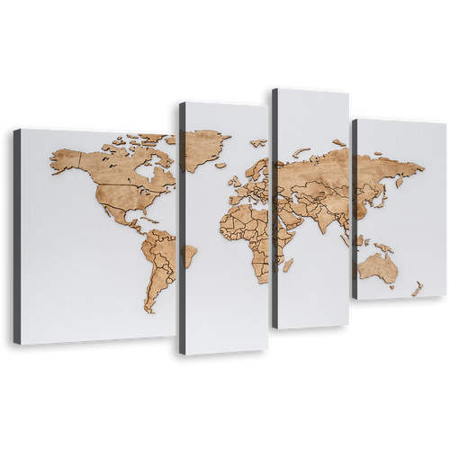 Abstract World Canvas Wall Art, Brown Map of Continents 4 Piece Canvas, White Global Flat World Canvas Print, World Map Digital Painting Multi Canvas