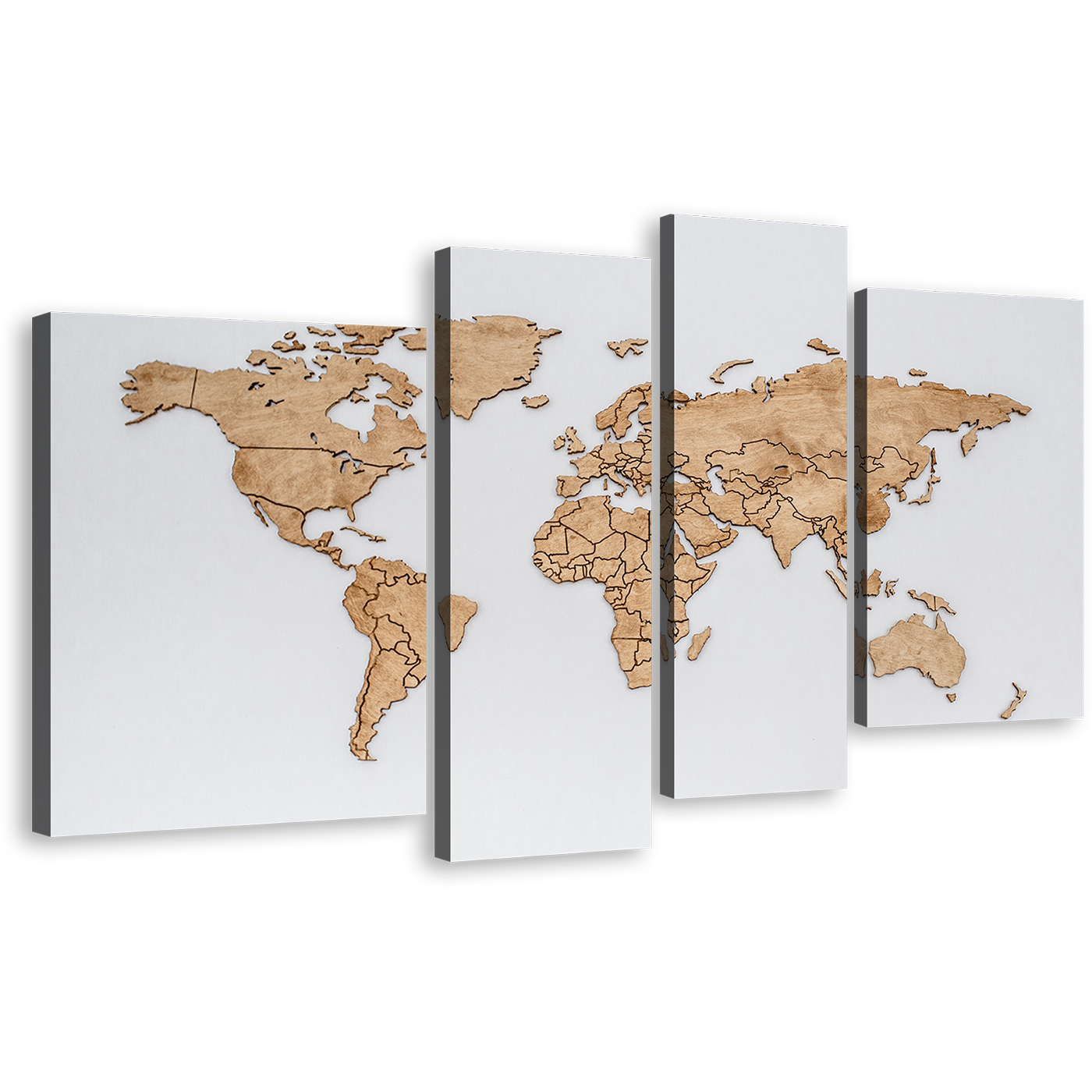 Abstract World Canvas Wall Art, Brown Map of Continents 4 Piece Canvas, White Global Flat World Canvas Print, World Map Digital Painting Multi Canvas