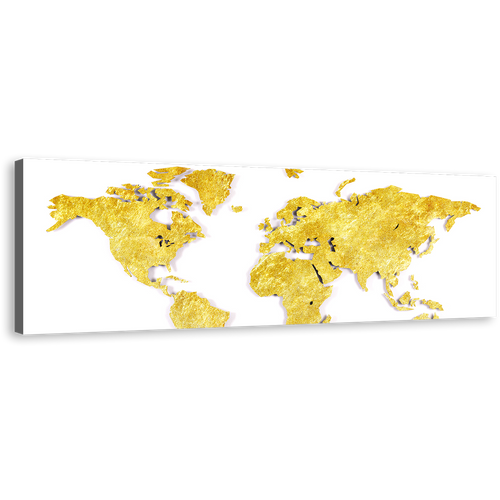 Abstract World Canvas Wall Art, Yellow Detailed World Map Canvas Artwork, White Background Gold Flat World Panorama Canvas Print