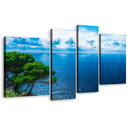 Adriatic Sea Canvas Print, Blue Clouds Ocean 4 Piece Canvas Wall Art, Green Trees Ocean Canvas Set