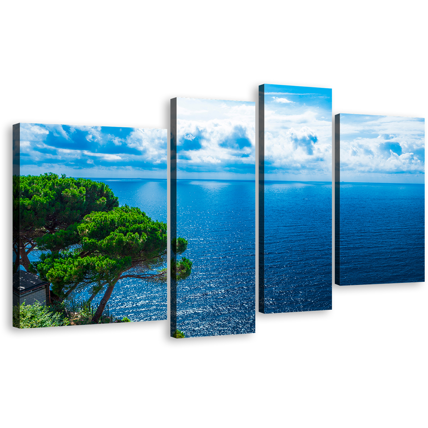 Adriatic Sea Canvas Print, Blue Clouds Ocean 4 Piece Canvas Wall Art, Green Trees Ocean Canvas Set