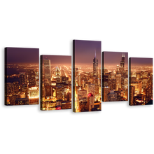 Load image into Gallery viewer, Aerial City Canvas Wall Art, Purple Chicago Downtown Canvas Print, Yellow Bright Night City 5 Piece Canvas
