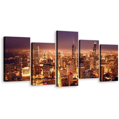 Aerial City Canvas Wall Art, Purple Chicago Downtown Canvas Print, Yellow Bright Night City 5 Piece Canvas