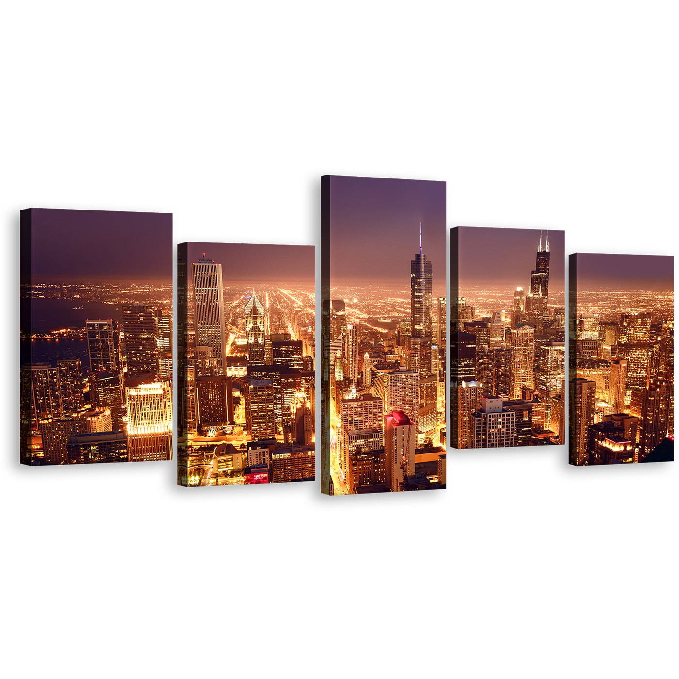 Aerial City Canvas Wall Art, Purple Chicago Downtown Canvas Print, Yellow Bright Night City 5 Piece Canvas