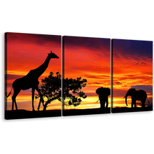 Load image into Gallery viewer, African Animals Canvas Print, Elephant &amp; Giraffe Silhouette Triptych Wall Art, Yellow Orange Sunset Landsacpe Forest Wildlife Canvas Set
