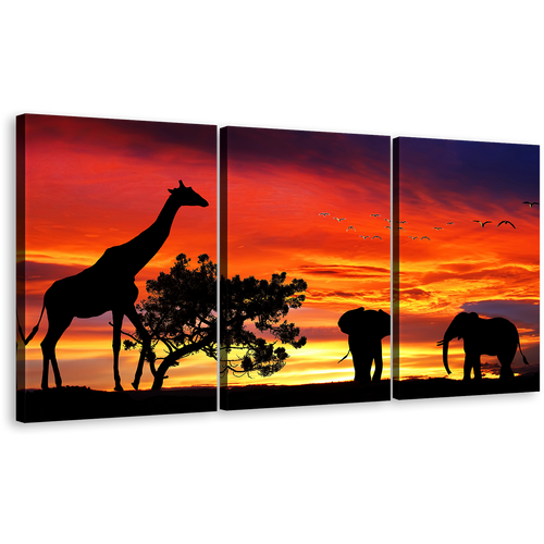 African Animals Canvas Print, Elephant & Giraffe Silhouette Triptych Wall Art, Yellow Orange Sunset Landsacpe Forest Wildlife Canvas Set