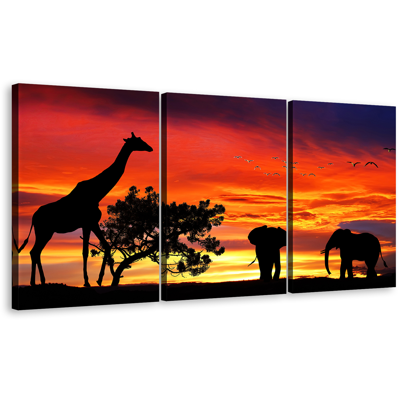 African Animals Canvas Print, Elephant & Giraffe Silhouette Triptych Wall Art, Yellow Orange Sunset Landsacpe Forest Wildlife Canvas Set