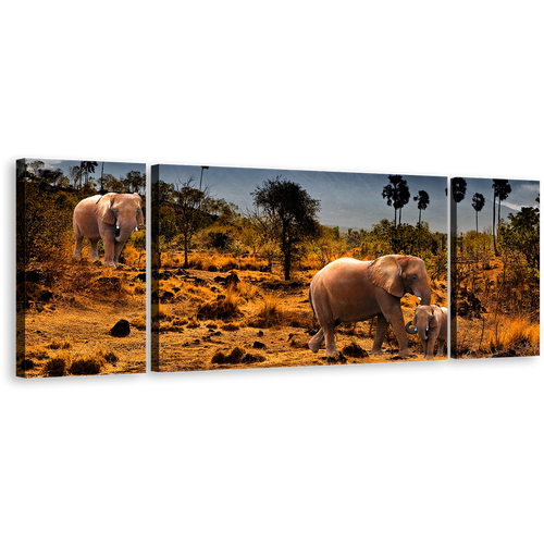 African Elephants Canvas Wall Art, Beautiful Yellow Brown Desert Land 3 Piece Canvas Print, Wild Animals Grey Sky Triptych Multiple Canvas