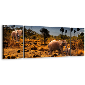 African Elephants Canvas Wall Art, Beautiful Yellow Brown Desert Land 3 Piece Canvas Print, Wild Animals Grey Sky Triptych Multiple Canvas