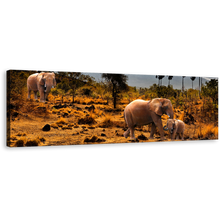 Load image into Gallery viewer, African Elephants Canvas Wall Art, Beautiful Yellow Brown Desert Land Panoramic Canvas, Wild Animals Grey Sky 1 Piece Canvas Print
