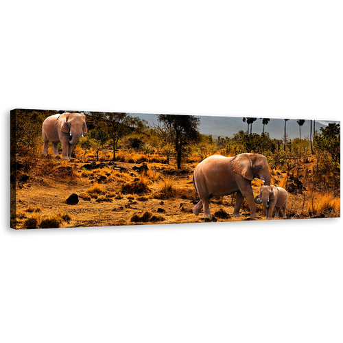 African Elephants Canvas Wall Art, Beautiful Yellow Brown Desert Land Panoramic Canvas, Wild Animals Grey Sky 1 Piece Canvas Print