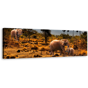 African Elephants Canvas Wall Art, Beautiful Yellow Brown Desert Land Panoramic Canvas, Wild Animals Grey Sky 1 Piece Canvas Print