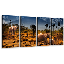 Load image into Gallery viewer, African Elephants Canvas Wall Art, Wild Animals Grey Sky 4 Piece Canvas Set, Beautiful Yellow Brown Desert Land Canvas Print
