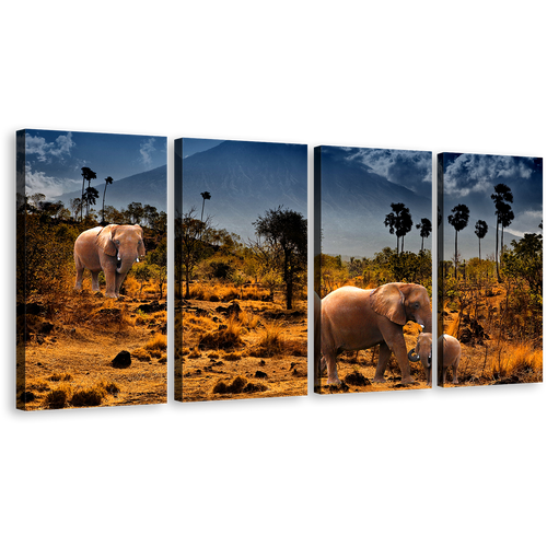 African Elephants Canvas Wall Art, Wild Animals Grey Sky 4 Piece Canvas Set, Beautiful Yellow Brown Desert Land Canvas Print