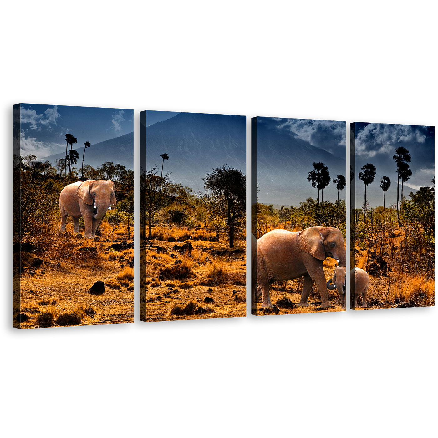 African Elephants Canvas Wall Art, Wild Animals Grey Sky 4 Piece Canvas Set, Beautiful Yellow Brown Desert Land Canvas Print