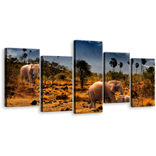 Load image into Gallery viewer, African Elephants Canvas Wall Art, Wild Animals Grey Sky Canvas Print, Beautiful Yellow Brown Desert Land 5 Piece Multi Canvas
