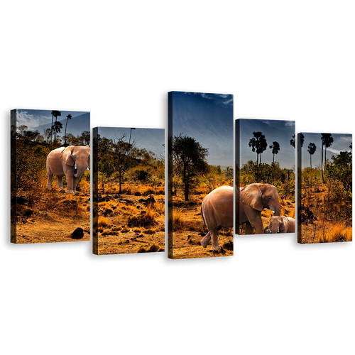 African Elephants Canvas Wall Art, Wild Animals Grey Sky Canvas Print, Beautiful Yellow Brown Desert Land 5 Piece Multi Canvas