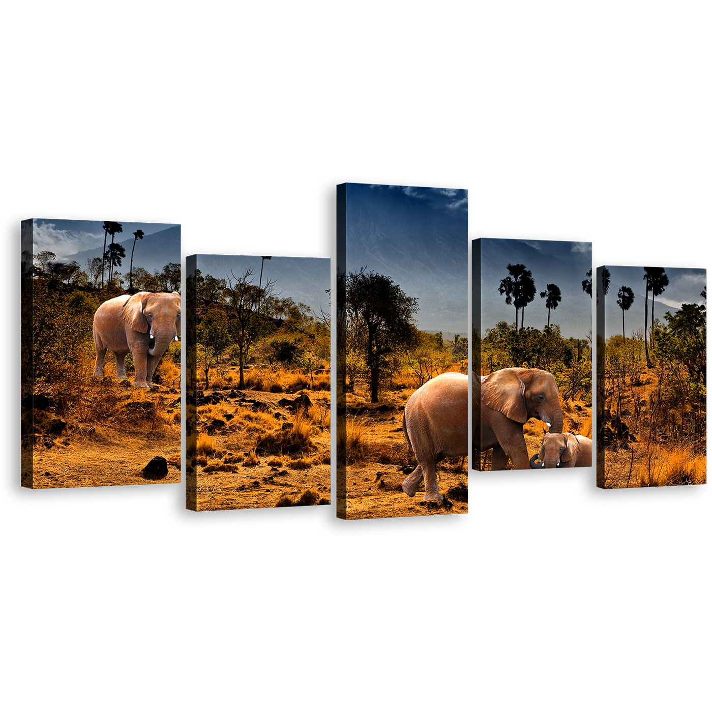 African Elephants Canvas Wall Art, Wild Animals Grey Sky Canvas Print, Beautiful Yellow Brown Desert Land 5 Piece Multi Canvas