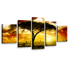 Load image into Gallery viewer, African Sunset Wall Art, Beautiful Brown Yellow Cloudy Sky Canvas Set, Majestic Alone Tree 5 Piece Canvas Multi-panel Print
