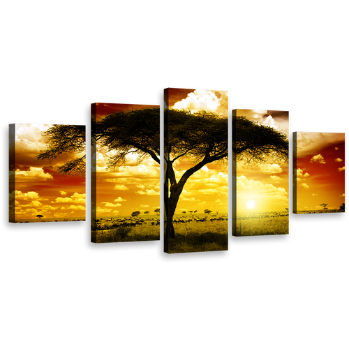 African Sunset Wall Art, Beautiful Brown Yellow Cloudy Sky Canvas Set, Majestic Alone Tree 5 Piece Canvas Multi-panel Print