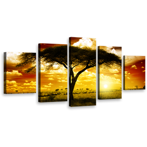 African Sunset Wall Art, Beautiful Brown Yellow Cloudy Sky Canvas Set, Majestic Alone Tree 5 Piece Canvas Multi-panel Print