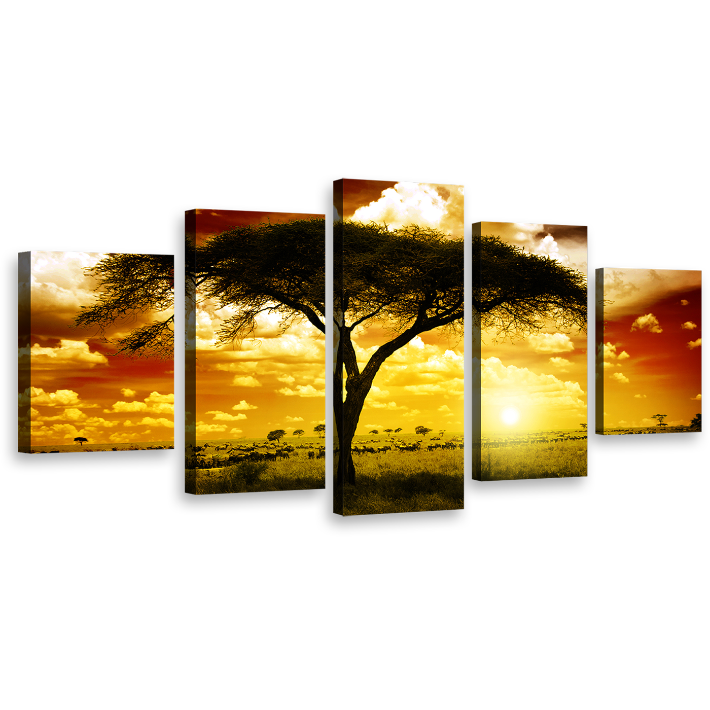 African Sunset Wall Art, Beautiful Brown Yellow Cloudy Sky Canvas Set, Majestic Alone Tree 5 Piece Canvas Multi-panel Print