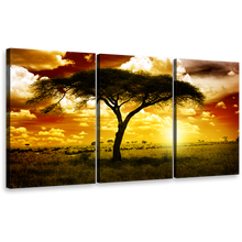 Load image into Gallery viewer, African Tree Canvas Print, Brown Sky Alone Tree 3 Piece Wall Art, Beautiful Yellow Sunset Multiple Canvas
