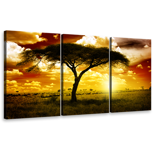 African Tree Canvas Print, Brown Sky Alone Tree 3 Piece Wall Art, Beautiful Yellow Sunset Multiple Canvas