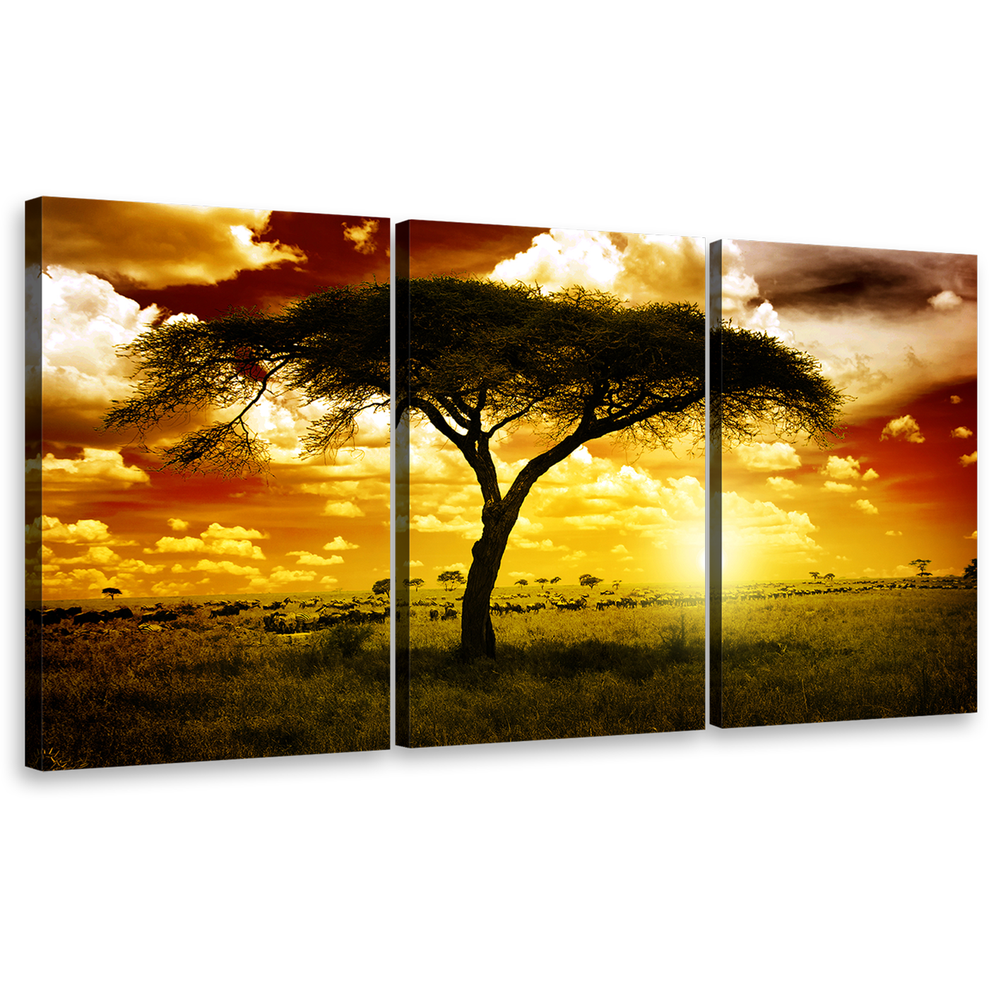 African Tree Canvas Print, Brown Sky Alone Tree 3 Piece Wall Art, Beautiful Yellow Sunset Multiple Canvas