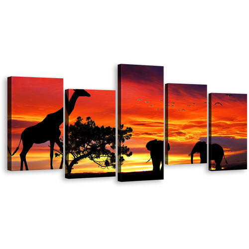 African Wildlife Canvas Print, Elephant Giraffe Silhouette 5 Piece Wall Art, Yellow Orange Yellow Sunset Canvas Set