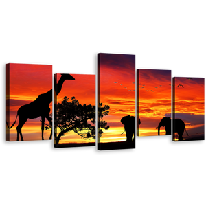 African Wildlife Canvas Print, Elephant Giraffe Silhouette 5 Piece Wall Art, Yellow Orange Yellow Sunset Canvas Set