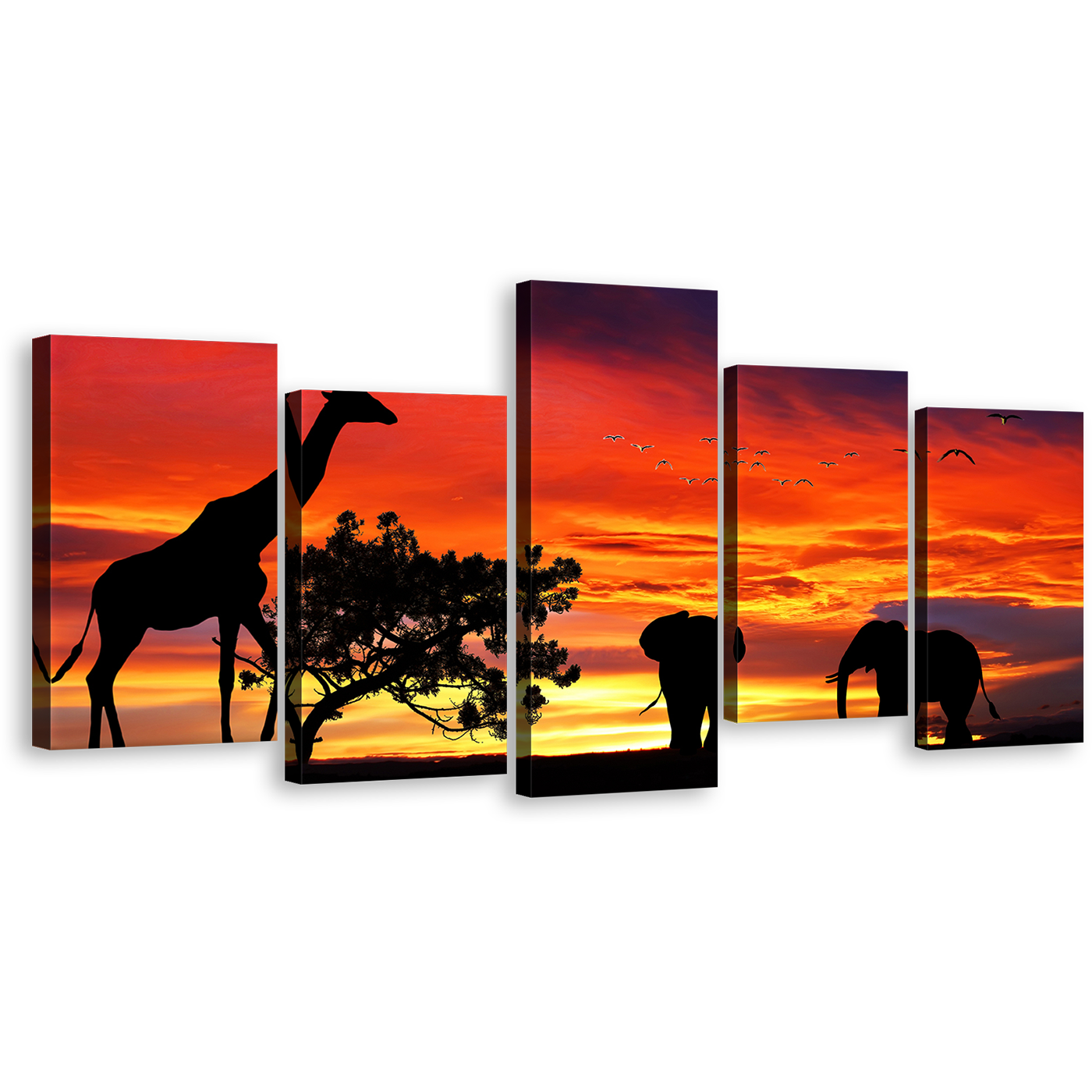 African Wildlife Canvas Print, Elephant Giraffe Silhouette 5 Piece Wall Art, Yellow Orange Yellow Sunset Canvas Set