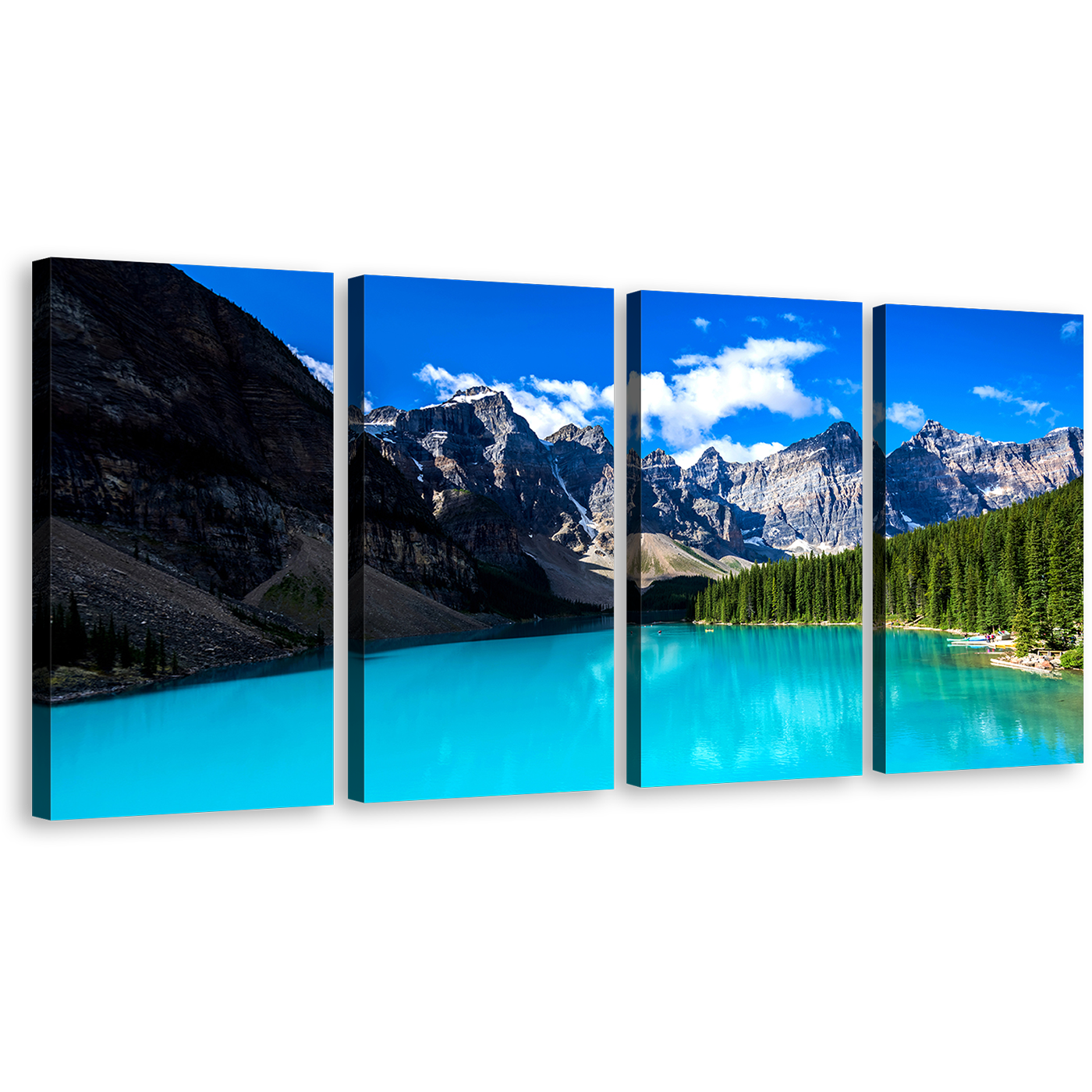 Alberta Lake Wall Art, Green Trees Ocean Mountains Multi Canvas, Blue Sky Banff National Park 4 Piece Canvas Print