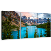 Load image into Gallery viewer, Alberta Mountains Canvas Print, Grey Brown Mountains Scenery Canvas Set, Green Trees Moraine Lake 3 Piece Canvas Wall Art
