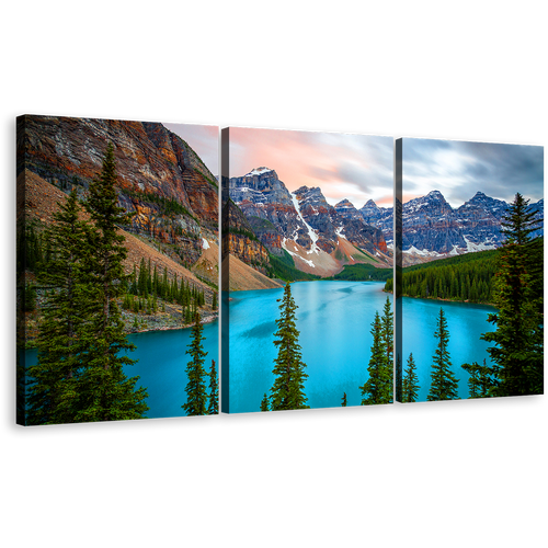 Alberta Mountains Canvas Print, Grey Brown Mountains Scenery Canvas Set, Green Trees Moraine Lake 3 Piece Canvas Wall Art