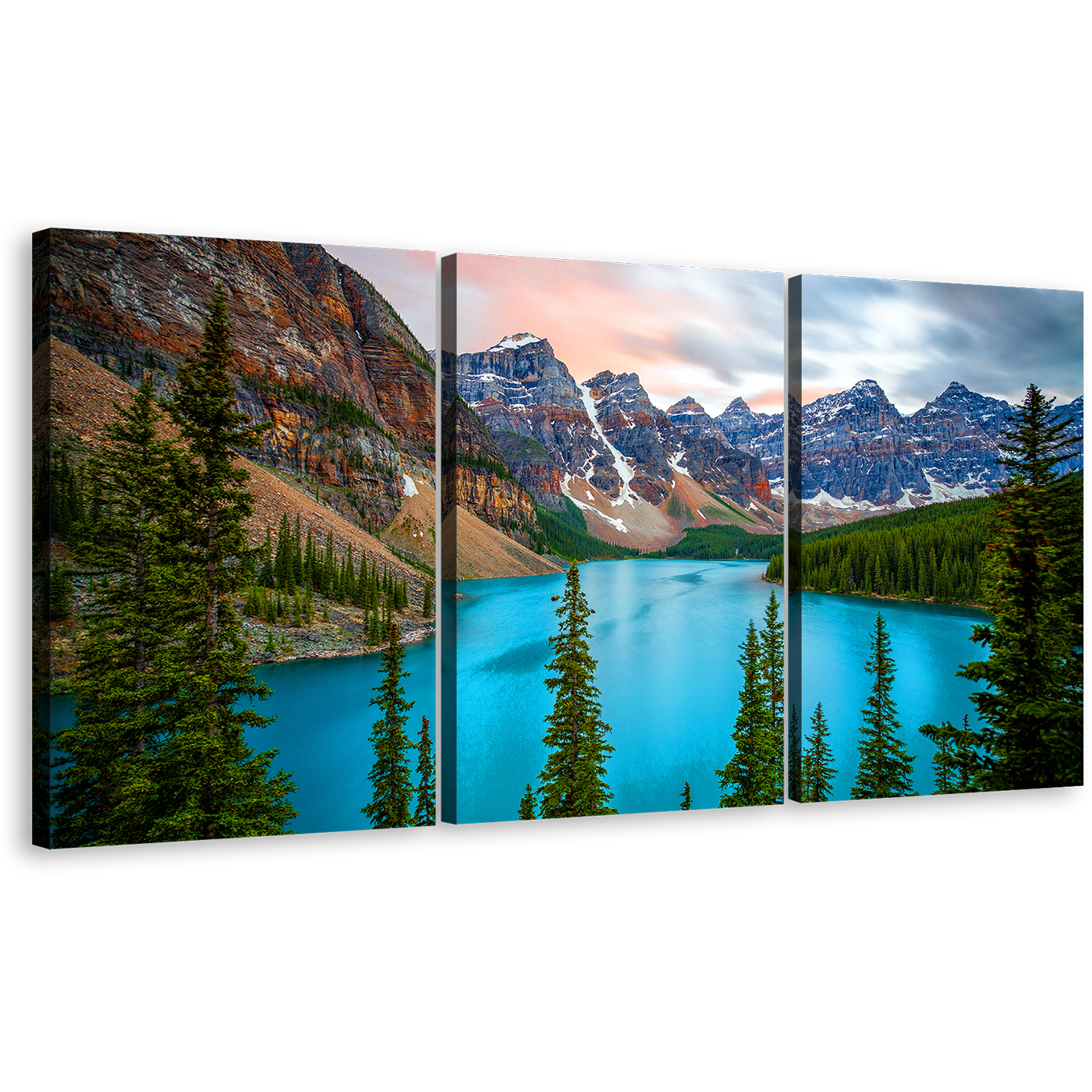 Alberta Mountains Canvas Print, Grey Brown Mountains Scenery Canvas Set, Green Trees Moraine Lake 3 Piece Canvas Wall Art