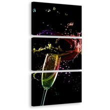 Load image into Gallery viewer, Alcohol Glass Canvas Print, Champagne Digital Artwork 3 Piece Multi Canvas, Colorful Champagne Glass Splash Canvas Print
