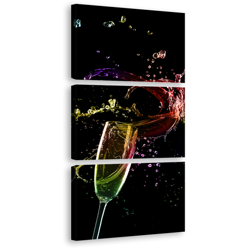 Alcohol Glass Canvas Print, Champagne Digital Artwork 3 Piece Multi Canvas, Colorful Champagne Glass Splash Canvas Print