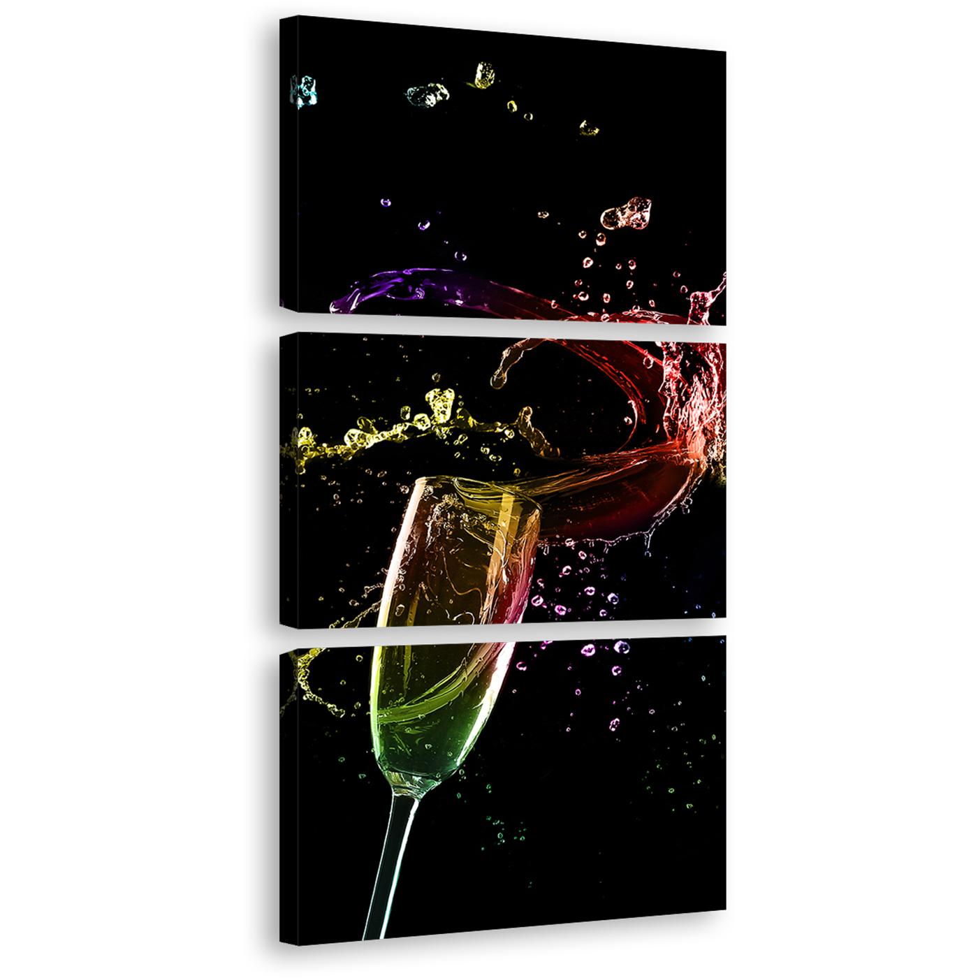 Alcohol Glass Canvas Print, Champagne Digital Artwork 3 Piece Multi Canvas, Colorful Champagne Glass Splash Canvas Print