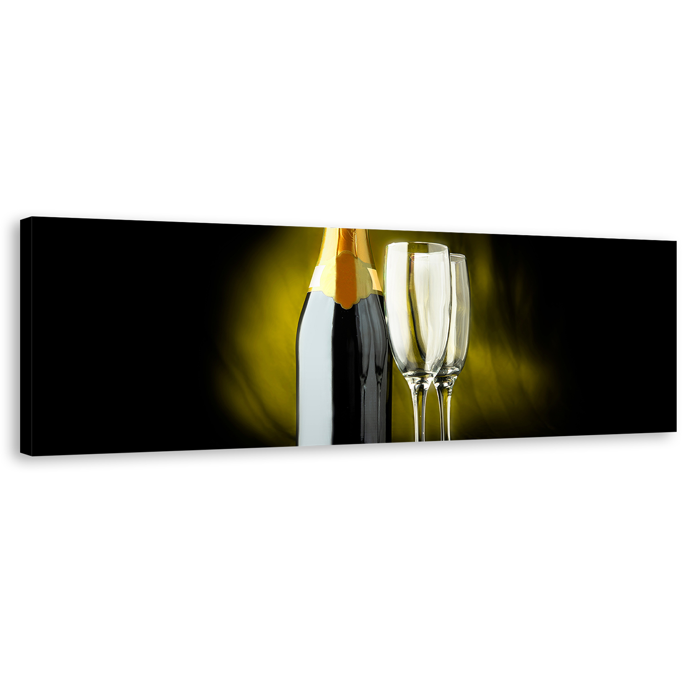 Alcohol Glasses Canvas Wall Art, Yellow Champagne Glasses Canvas Artwork, Black Champagne Bottle 1 Piece Canvas Print