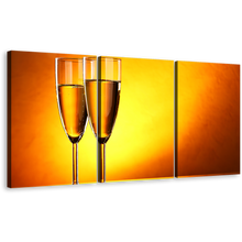 Load image into Gallery viewer, Alcohol Glasses Canvas Wall Art, Yellow Orange Champagne Glasses 3 Piece Multi Canvas, Romantic Champagne Glasses Triptych Canvas Print
