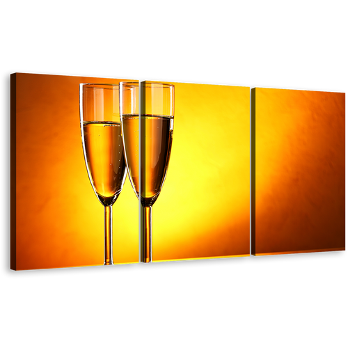 Alcohol Glasses Canvas Wall Art, Yellow Orange Champagne Glasses 3 Piece Multi Canvas, Romantic Champagne Glasses Triptych Canvas Print